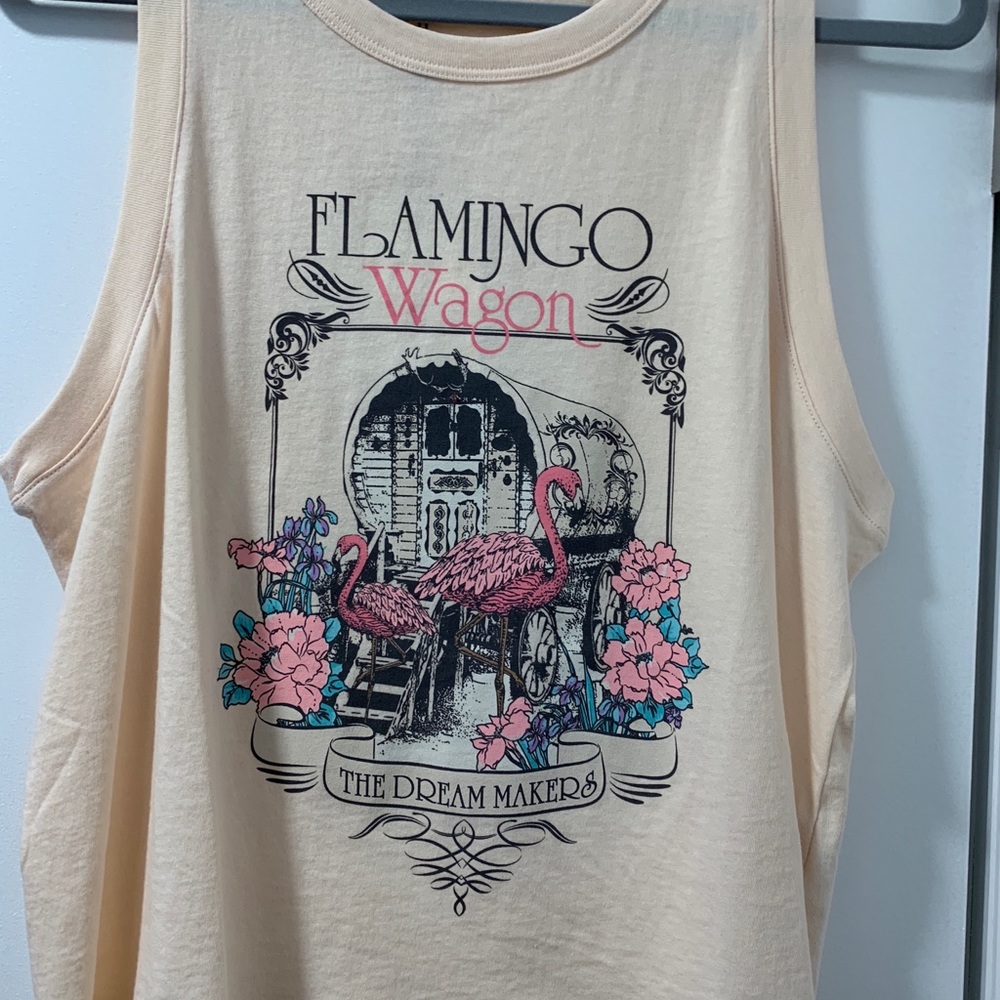 Spell Cream Tank Top with Pink Flamingo & Blue Floral Graphic